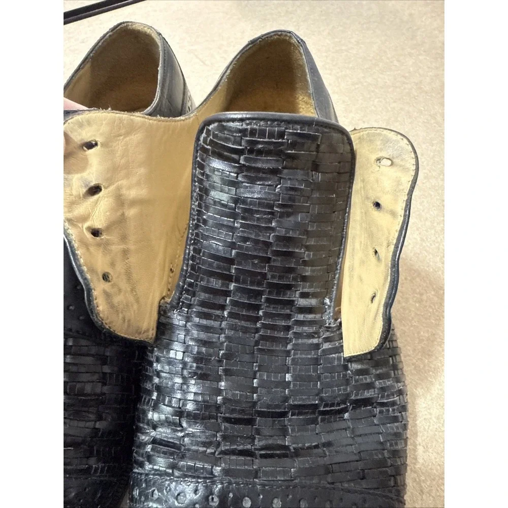 Vtg Mens 8.5 Dress Shoes Black‎ Woven Leather Cap Toe Lace Up Old Money Preppy